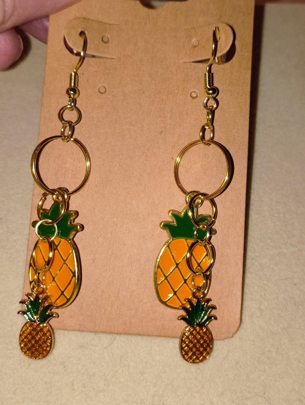 Gold-Tone Pineapple Drop Earrings with Orange and Green Enamel